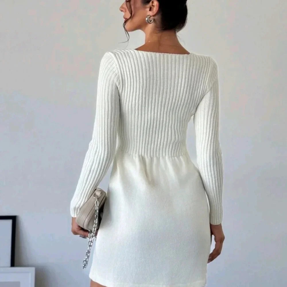 Knotted Front A-Line Long Sleeve Sweater Mini Dress - Picture 4 of 5